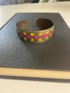 Hand-Painted Floral Cuff Bracelet in Pink & Yellow